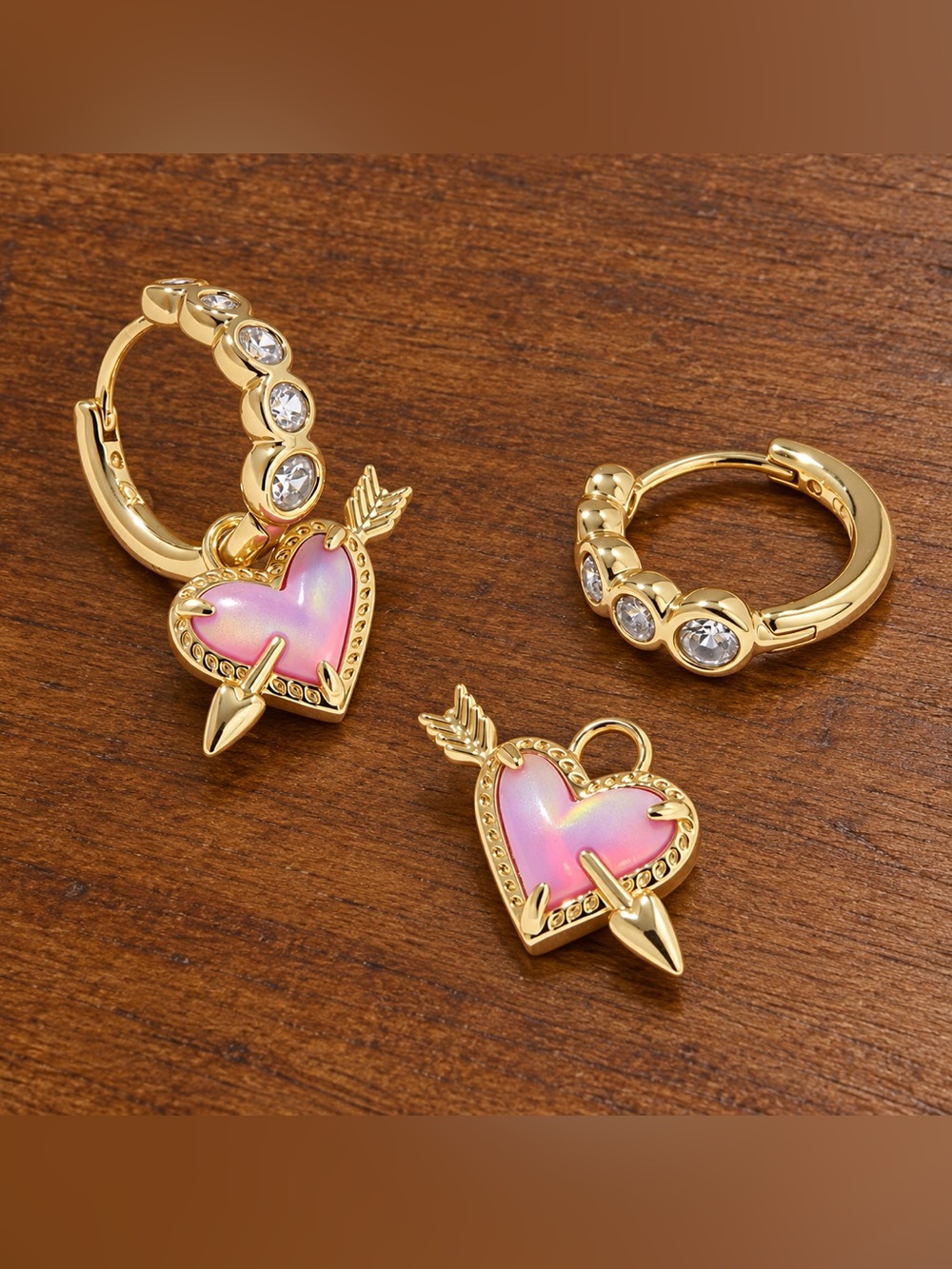 NWT - Kendra Scott Pink Iridescent Heart & Arrow Crystal Huggie Hoop Earrings